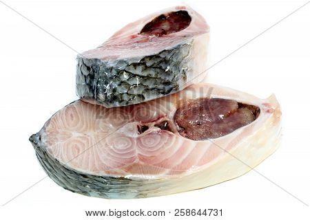 Uncooked Slices Ilish Fish Of Southeast Asia On White Background