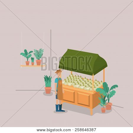 Man With Plants Vivarium In Kiosk Vector Illustration Design