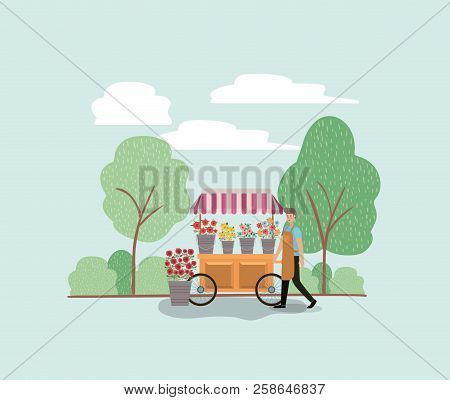 Man With Plants Vivarium In Cart Vector Illustration Design