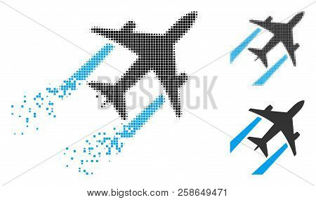 Air Jet Trace Icon In Fractured, Dotted Halftone And Whole Versions. Particles Are Combined Into Vec