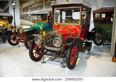 Brussels, Belgium - August 25, 2015 - Autoworld Museum, Old Cars Collection Showing The History Of A