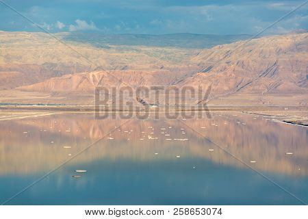 Landscape With Jordan Mountains And Lowest Salty Lake In World Below Sea Level Dead Sea, Full Of Min