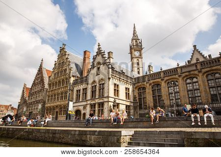 Ghent, Belgium - August 14, 2015 - Old Colorful Traditional Houses At The Graslei Along The Canal.