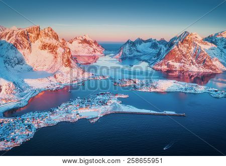 Aerial View Of Reine At Sunrise In Winter In Norway. Top View
