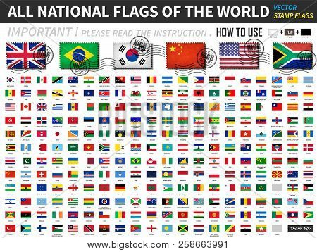 All Official National Flags Of The World . Old Stamp Shape Design With Scratch And Abrasion Texture 