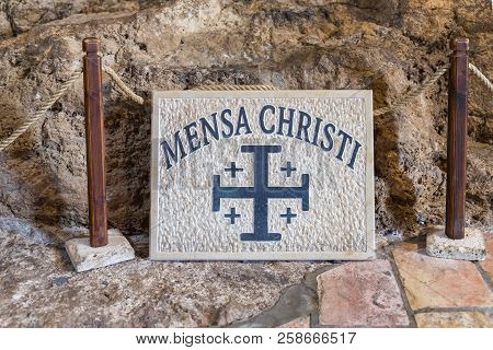 Tiberias, Israel, September 10, 2018 : Marble Board With A Cross In The Church Of The Primacy Of Sai