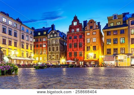 Scenic Summer Night View Of The Big Square (stortorget) In The Old Town (gamla Stan) In Stockholm, S