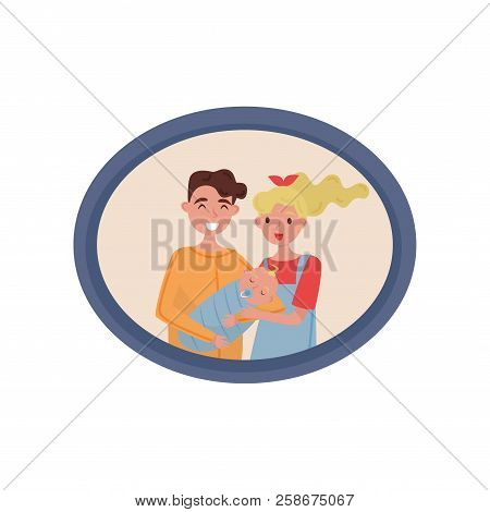 Portrait Of Married Couple With A Newborn Baby, Family Photo In Wooden Frame Vector Illustration On 