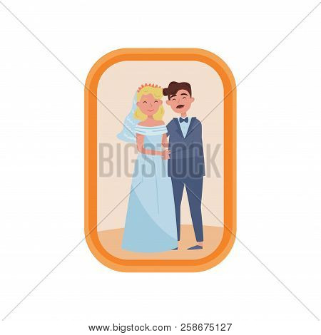 Portrait Of Newly Married Couple, Family Photo In Wooden Frame Vector Illustration On A White Backgr