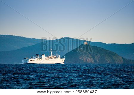 Ferry Boat In The Piombino Channel Heading To Portoferraio In The Elba Island, Italy