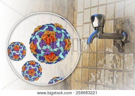 Safety Of Drinking Water Concept, 3d Illustration Showing Hepatitis A Viruses Contaminating Drinking