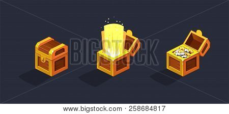 Treasure Ches, Open And Closed Antique Golden Boxes With Golden And Silver Coins, Game User Interfac