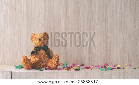 Teddy Bear On A Romactic Party Table Shelf Copy Space
