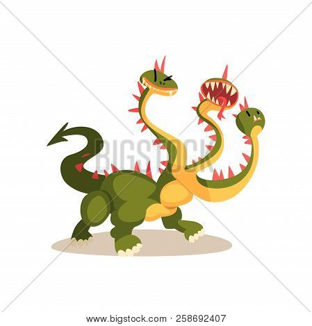 Three Headed Dragon Ancient Mythical Creature Cartoon Vector Illustration On A White Background