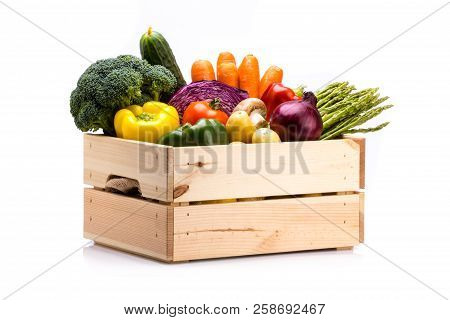 Pine Box Full Of Colorful Fresh Vegetables On A White Background, Ideal For A Balanced Diet, Contain