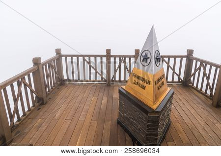 Peak Of Fansipan In The Clouds On Sapa Vietnam. Top Spot In Indochina Altitude 3,143m Landmark In Vi