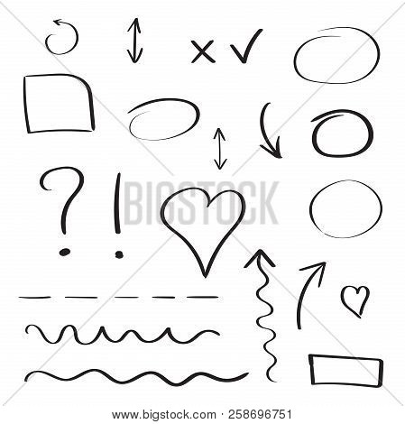 Hand Drawn Arrows And Circles Icon Set. Collection Of Pencil Ske