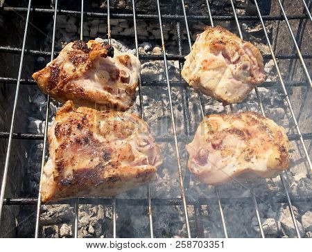 Beautiful Tasty Food From Slice Grilled Chicken Meats, Roast On Metal Brazier. Meat Of Bird With Cri