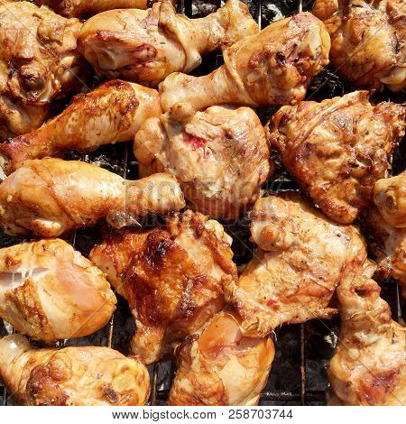 Beautiful Tasty Food From Slice Grilled Chicken Meats, Roast On Metal Brazier. Meat Of Bird With Cri