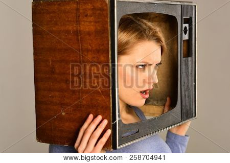 Newsroom. Angry Woman From Newsroom. Newsroom Woman Reporter In Tv Set. Newsroom Concept. Stop Watch