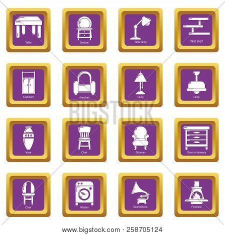 Interior Furniture Icons Set Purple Square Isolated On White Background
