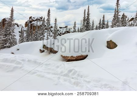 View On The Top Of The Mount Utuya. Winter Landscape In Gornaya Shoria. Russia, Kemerovo Region, She