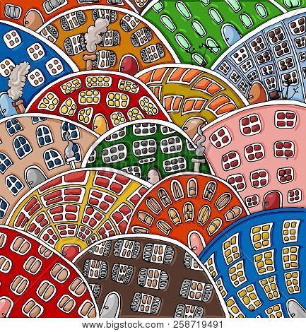 Set Of Doodle Cute Houses. Cozy Cartoon Hand Drawn Buildings In Bright Colors
