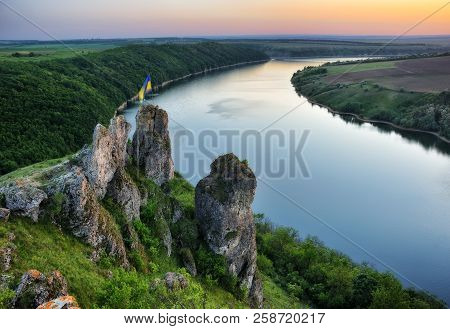 sunset over the Dniester River. Evening in the National Nature Park Podolskie Tovtry