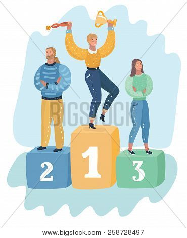 Vector Illustration. People Stand On The Podium First, Second And Third Place. Best Score Winner Pri
