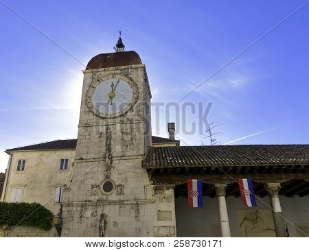 Trogir, Dalmatia, Croatia - October 29: Clock Tower In Historic City Of Trogir On October 29, 2016 I