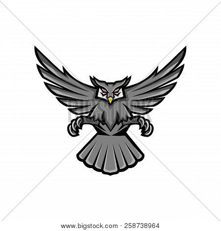 Mascot Icon Illustration Of A Great Horned Owl Swooping Viewed From Front On Isolated Background In 
