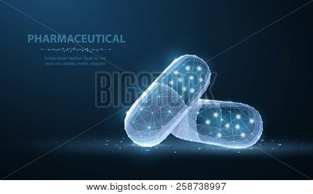 Pills. Abstract 3d Polygonal Wireframe Two Capsule Pills On Blue Background With Dots And Stars.