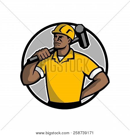 Mascot Illustration Of A Black African American Demolition Worker, Laborer Or Construction Worker Wi
