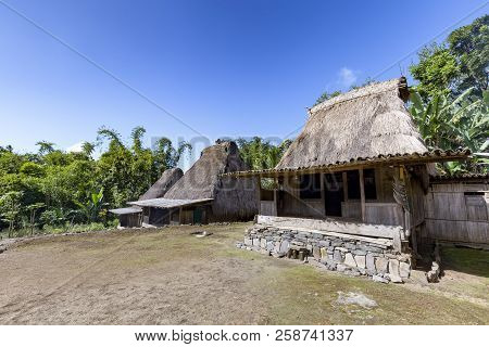 Three Traditional Houses In The Luba Tradtional Village Near Bajawa, Indonesia.