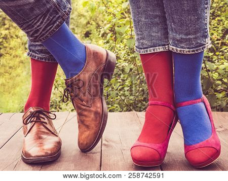 Men's Legs In Stylish Shoes, Bright, Multi Colored, Variegated Socks