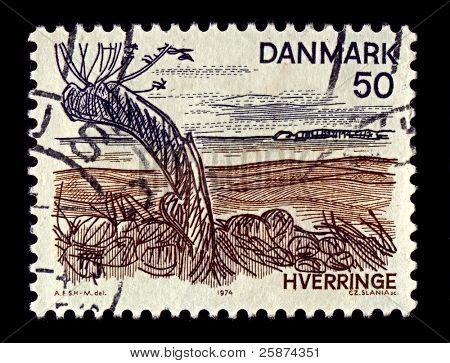 Danmark-CIRCA 1974:A stempel trykt i Danmark viser billede af Kerteminde Kommune er en ko