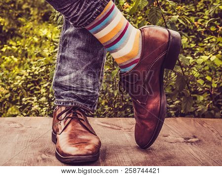 Men's Legs In Stylish Shoes, Bright, Multi Colored, Variegated Socks