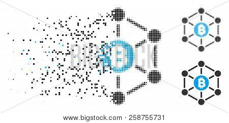 Bitcoin Finance Netwok Icon In Fragmented, Dotted Halftone And Original Variants. Cells Are Organize