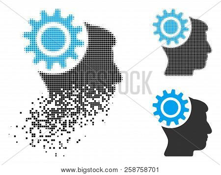 Brain Gear Icon In Dispersed, Pixelated Halftone And Whole Variants. Fragments Are Combined Into Vec