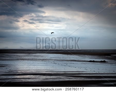 Heavy Rain Falling On A Dark Beach At Low Tide With Dramatic Storm Clouds Reflected On The Wet Sand 
