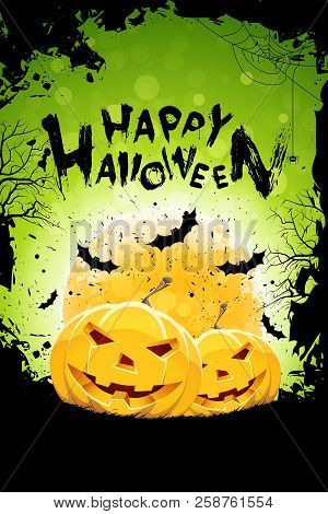 Halloween Background With Pumpkins, Bats And Trees.