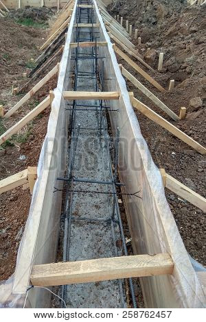 Wooden Formwork Concrete Strip Foundation For A Cottage