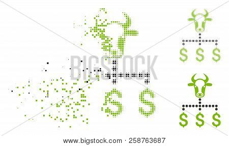 Cow Dollar Links Icon In Dispersed, Pixelated Halftone And Undamaged Versions. Pieces Are Composed I