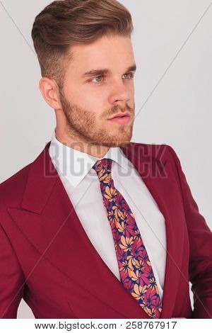 closeup portrait of a handsome young businessman looking to side on grey background