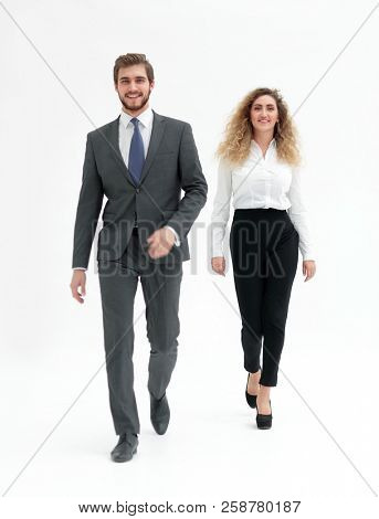 two successful employee confidently go forward