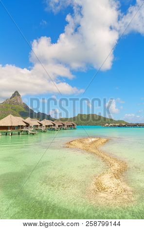 Nice View Of Traditional Tropical Villas With Beautiful View Of Mount Otemanu, French Polynesia