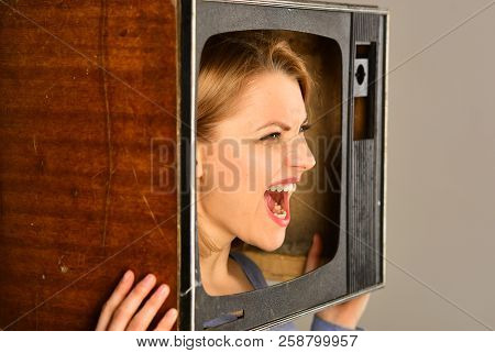 Tv Football Fan. Woman Is An Ard Tv Football Fan. Tv Football Fan Watchning Match. Woman Watching Tv