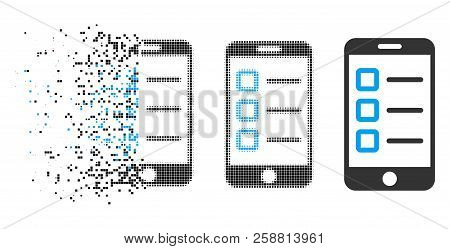 Mobile Test Icon In Fractured, Pixelated Halftone And Original Versions. Particles Are Combined Into
