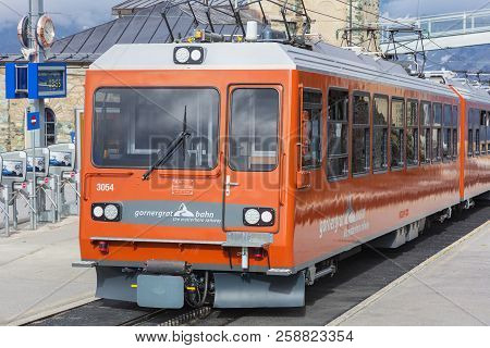 Mt. Gornegrat, Switzerland - September 16, 2018: A Gornergrat Railway Passenger Train Standing At Th