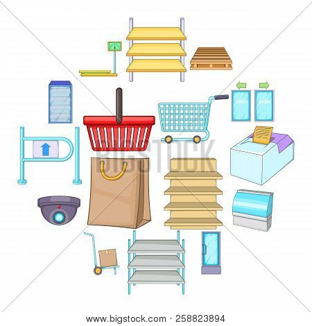 Supermarket Icons Set. Cartoon Illustration Of 16 Supermarket Icons For Web